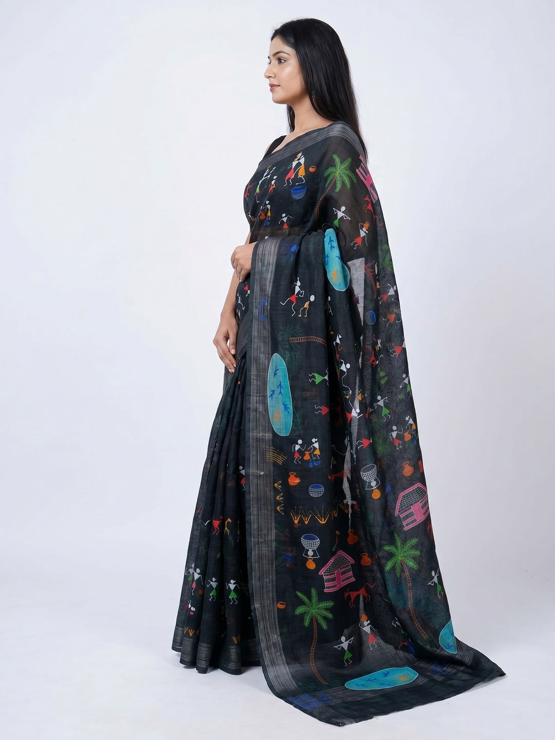 Black Digital Printed Linen Saree - Image 4