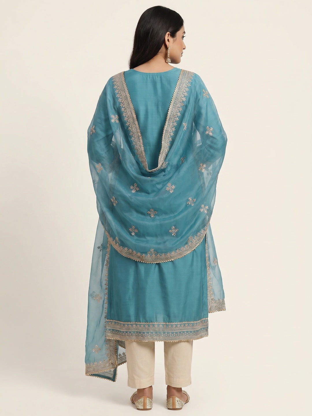 Blue Floral Embroidered Cotton Silk Dress Material - Image 3