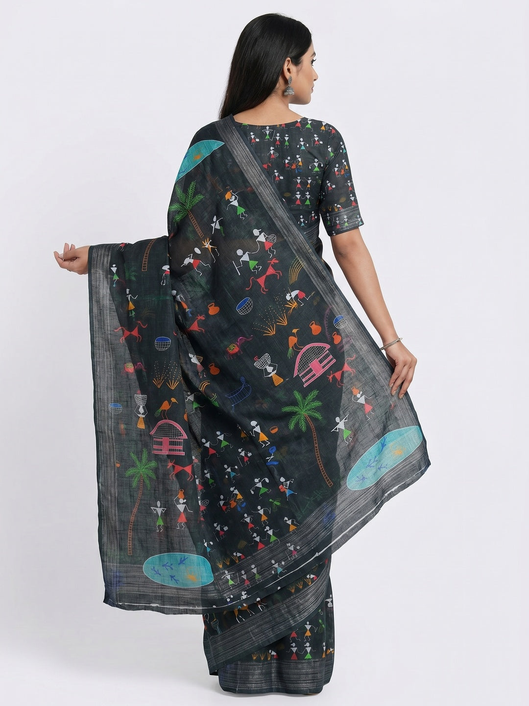 Black Digital Printed Linen Saree - Image 2