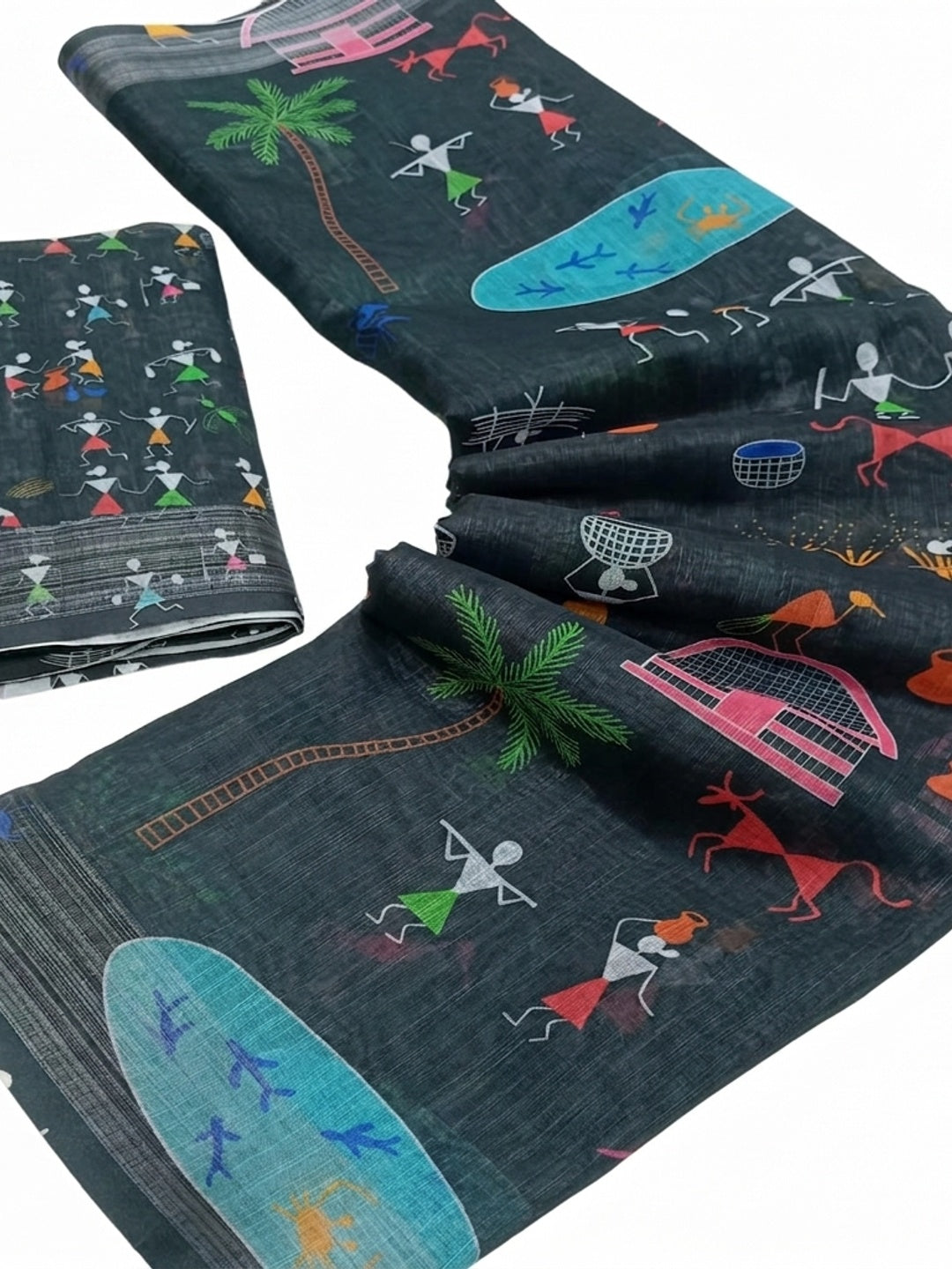 Black Digital Printed Linen Saree - Image 3