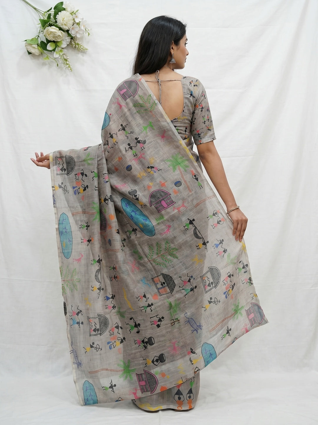 Grey Digital Printed Linen Saree - Image 3
