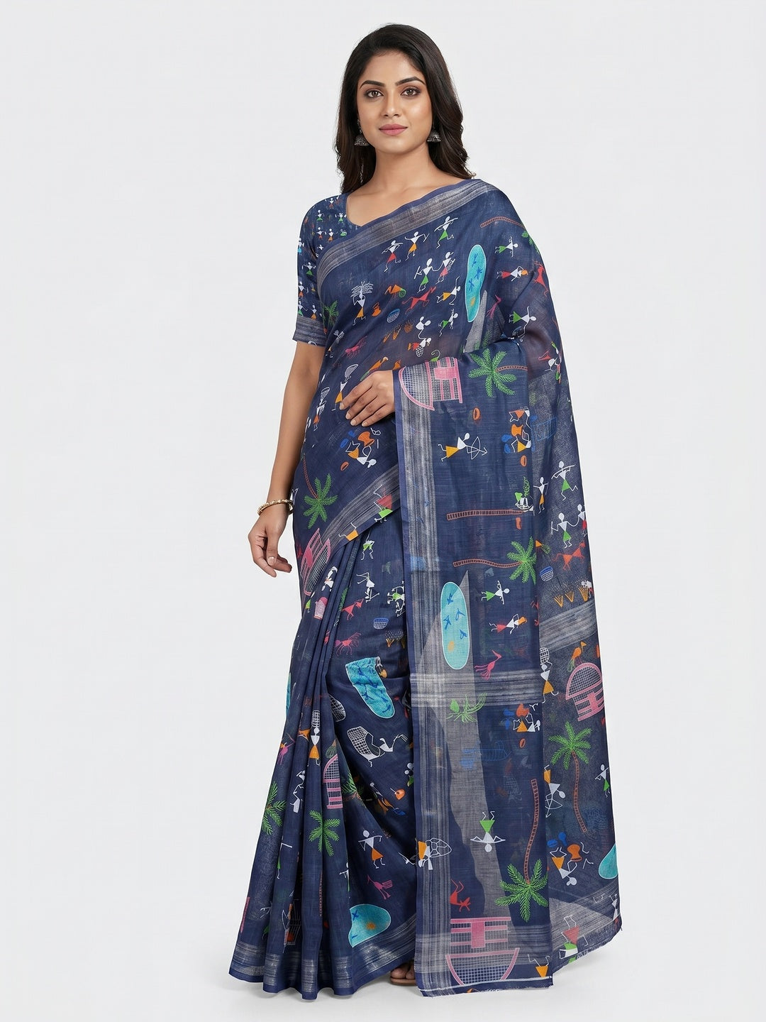 Blue Digital Printed Linen Saree - Image 1
