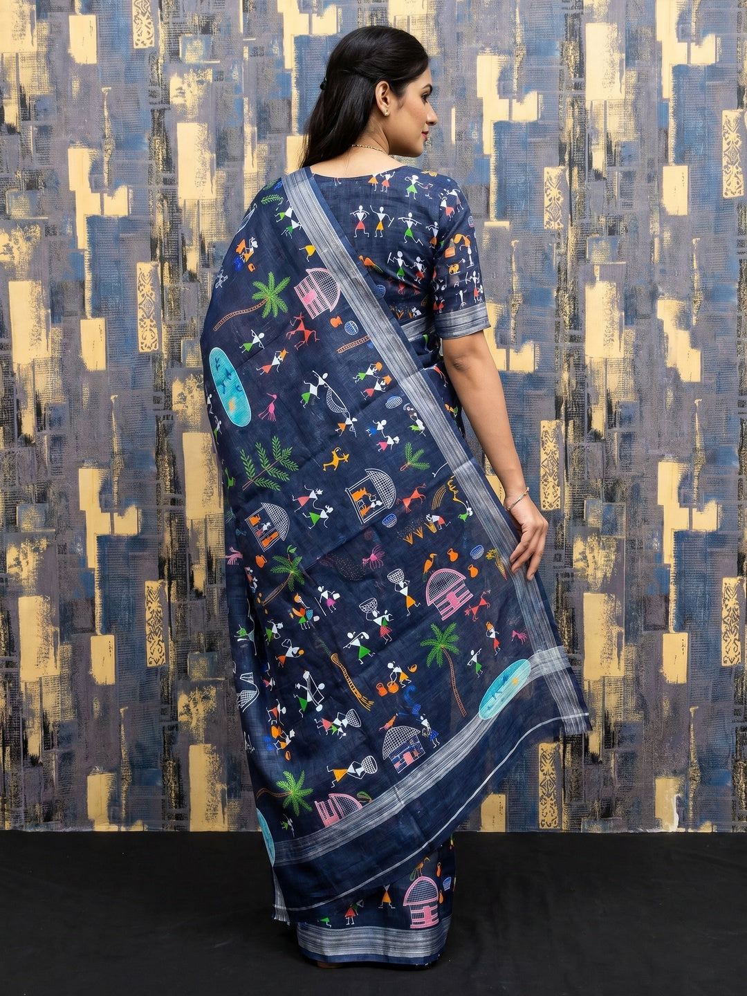 Blue Digital Printed Linen Saree - Image 2