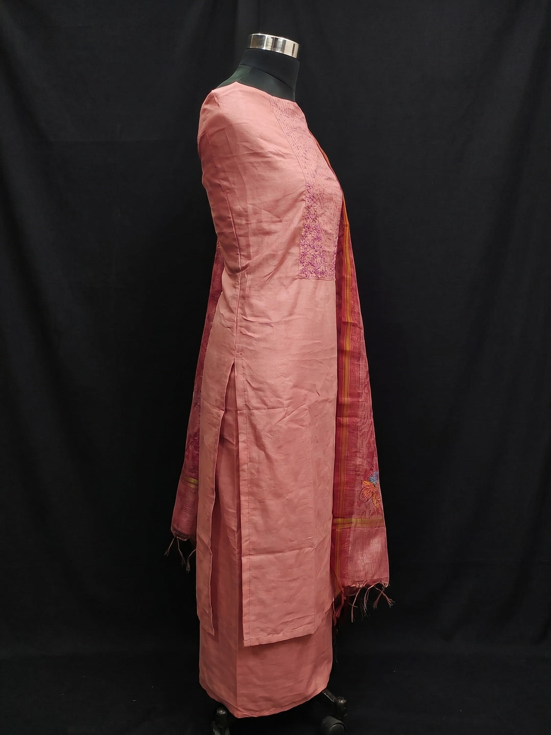 Peach Floral Embroidered Pure Cotton Dress Material - Image 2