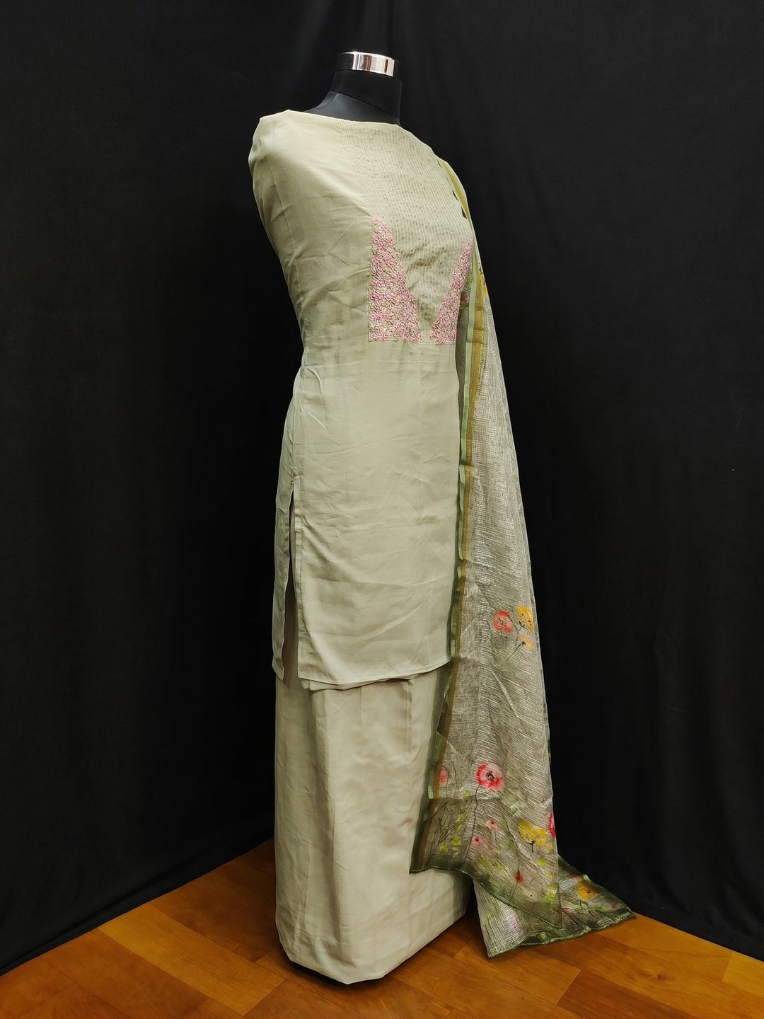 Green Floral Embroidered Pure Cotton Dress Material - Image 3