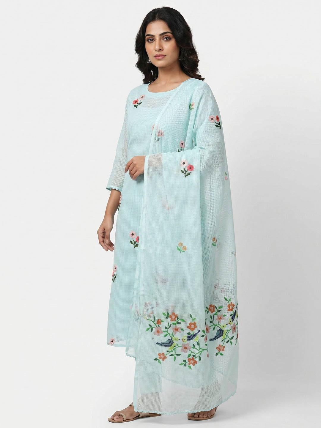 Light Blue Floral Embroidered Kota Doria Dress Material - Image 1