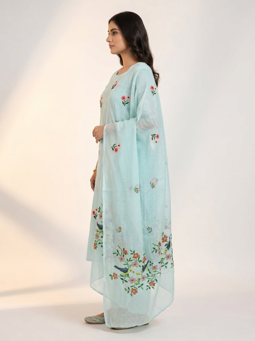 Light Blue Floral Embroidered Kota Doria Dress Material - Image 3