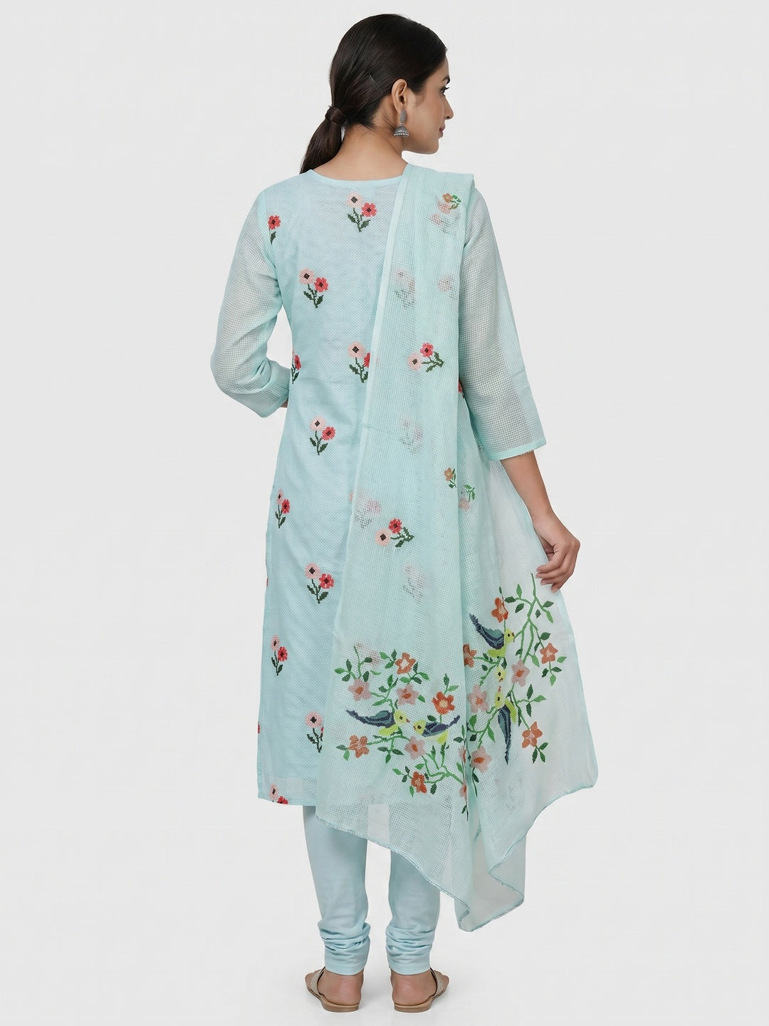 Light Blue Floral Embroidered Kota Doria Dress Material - Image 2