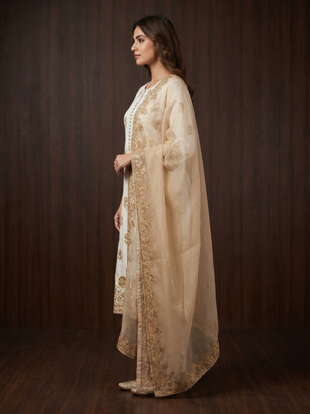 White Floral Embroidered Cotton Silk Dress Material - Image 1