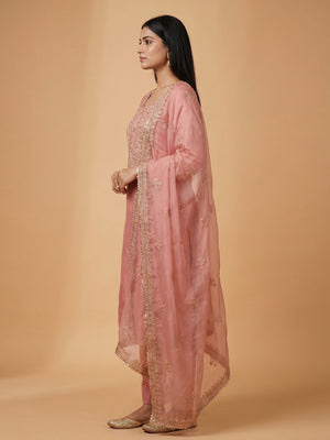 Peach Floral Embroidered Cotton Silk Dress Material - Image 1