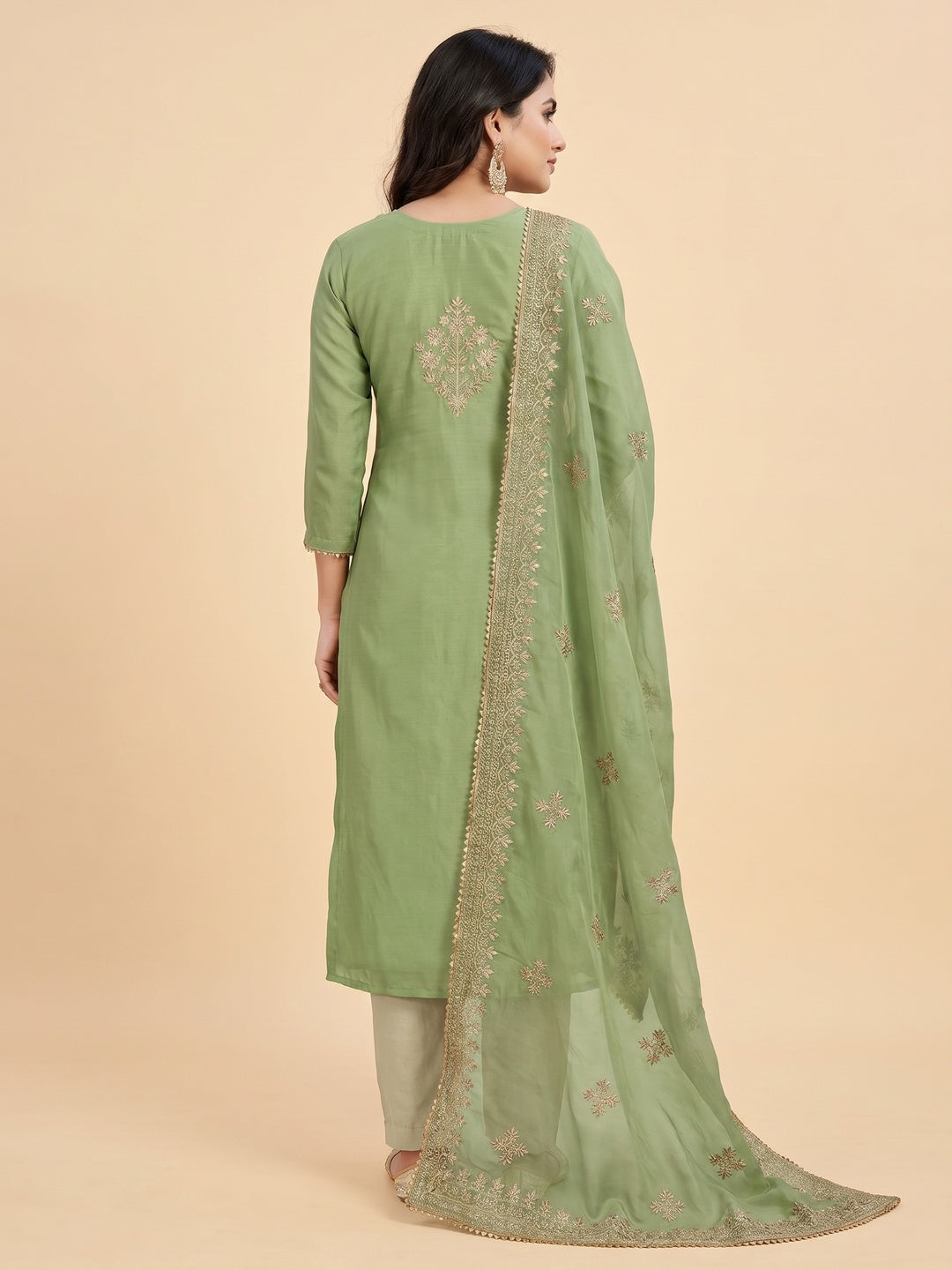 Green Floral Embroidered Cotton Silk Dress Material - Image 3