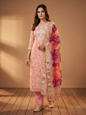 Peach Printed With Sequins Embroidered Chanderi Dress Material - Image 1