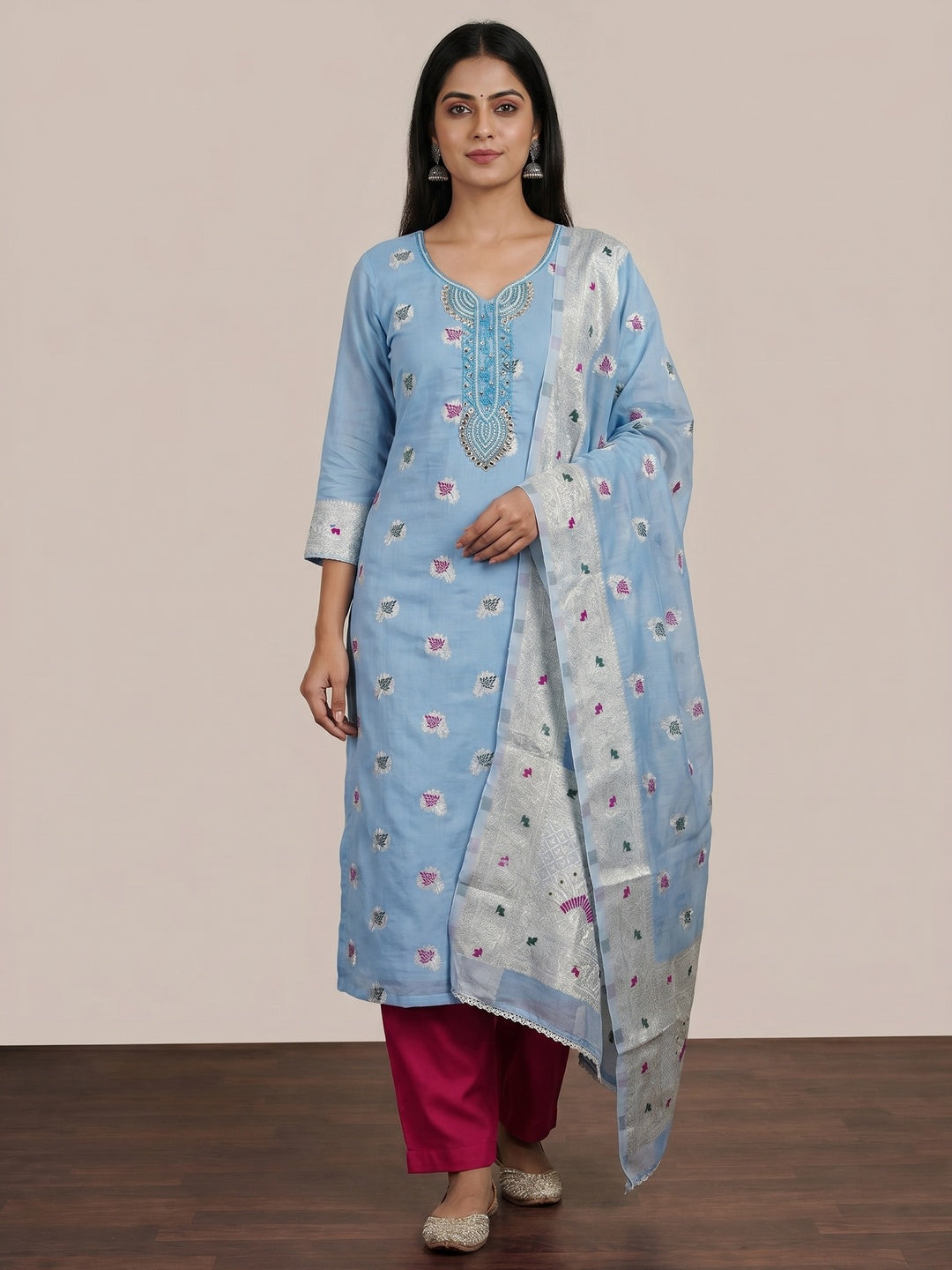 Blue Woven With Handwork Muslin Dress Material - Image 1