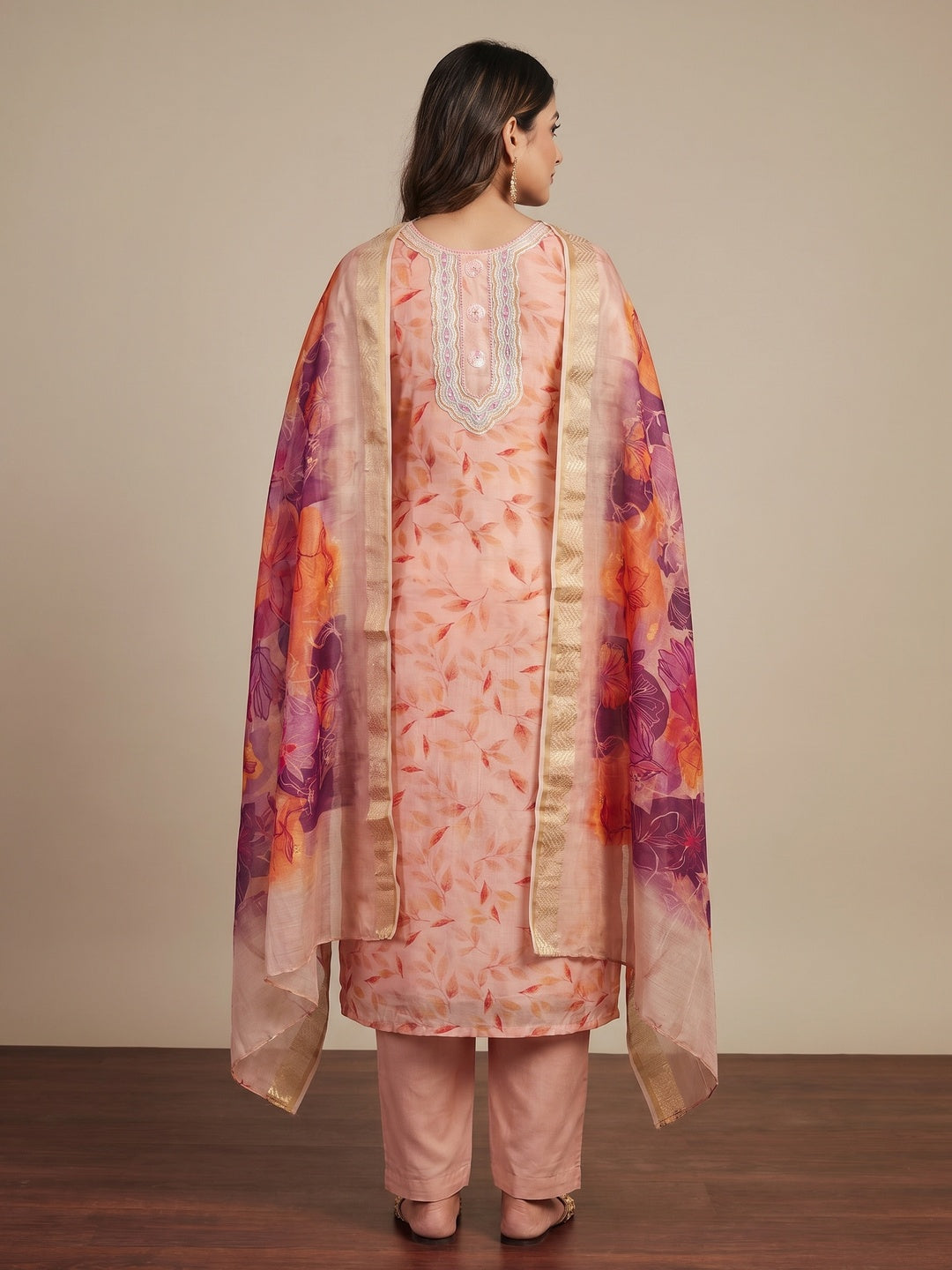 Peach Printed With Sequins Embroidered Chanderi Dress Material - Image 2