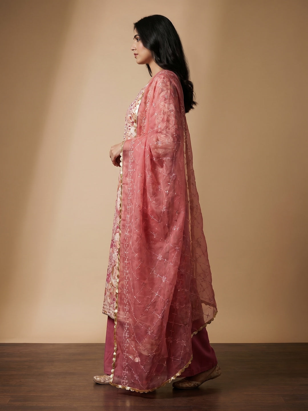 Pink Printed With Hand Embroidered Muslin Dress Material - Image 2