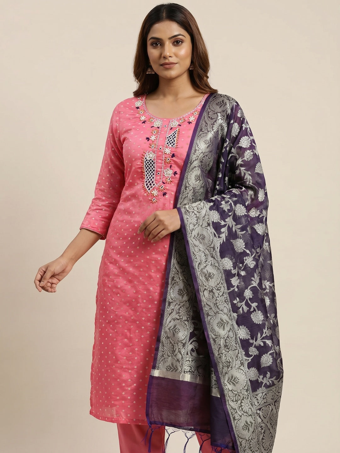 Pink Woven With Hand Embroidery Chanderi Dress Material - Image 1