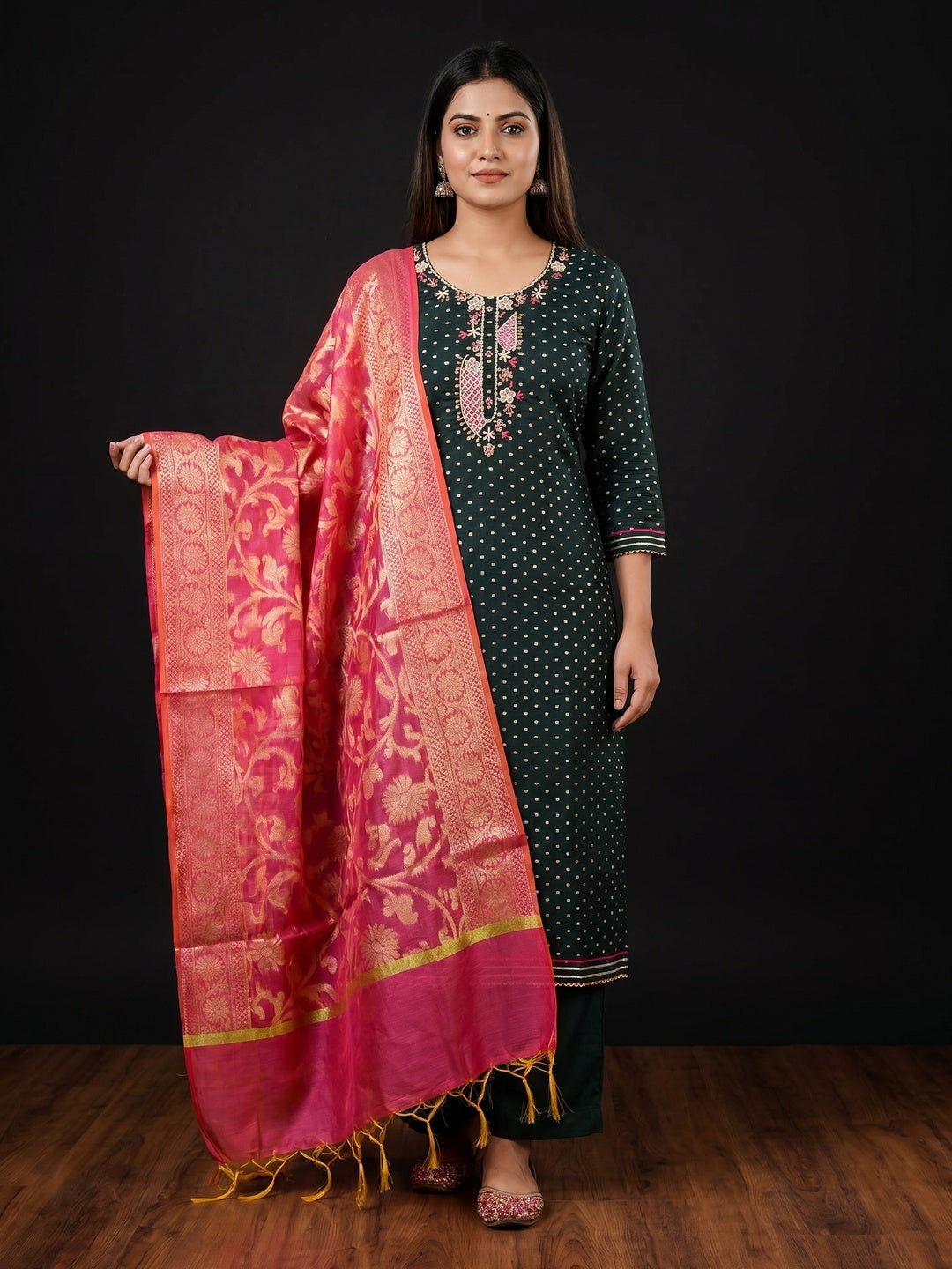 Bottle Green Woven With Hand Embroidery Chanderi Dress Material - Image 1