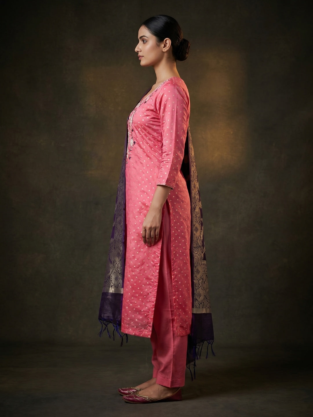 Pink Woven With Hand Embroidery Chanderi Dress Material - Image 2