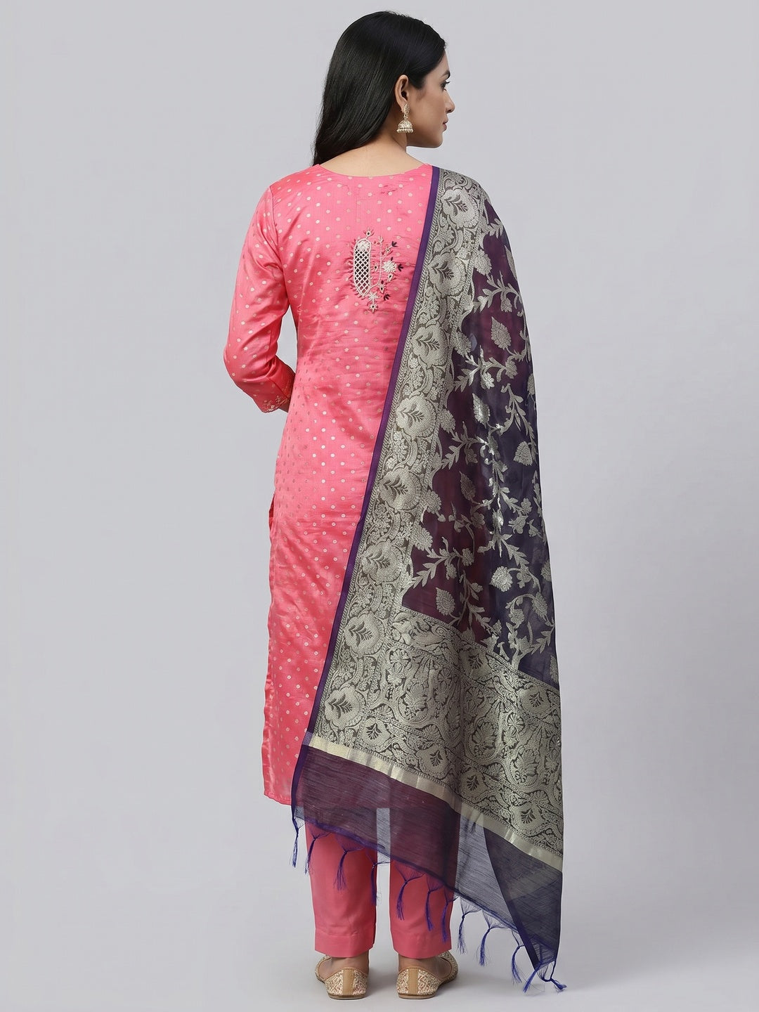Pink Woven With Hand Embroidery Chanderi Dress Material - Image 3