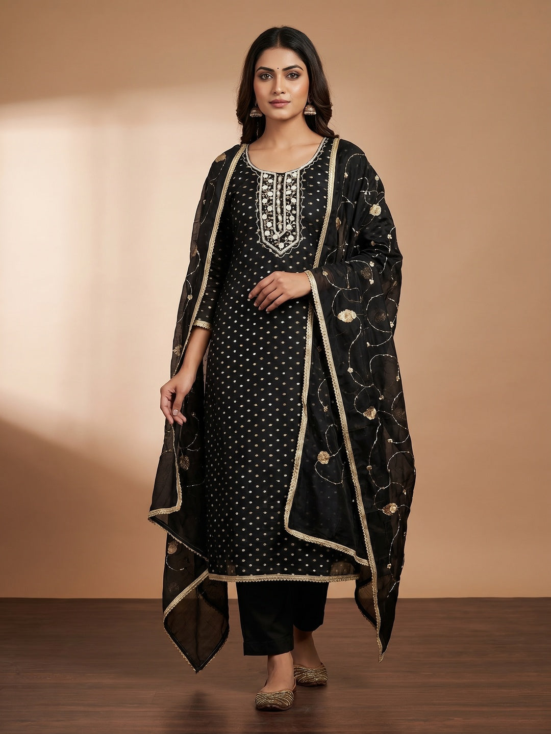 Black Woven With Hand Embroidery Chanderi Dress Material - Image 1