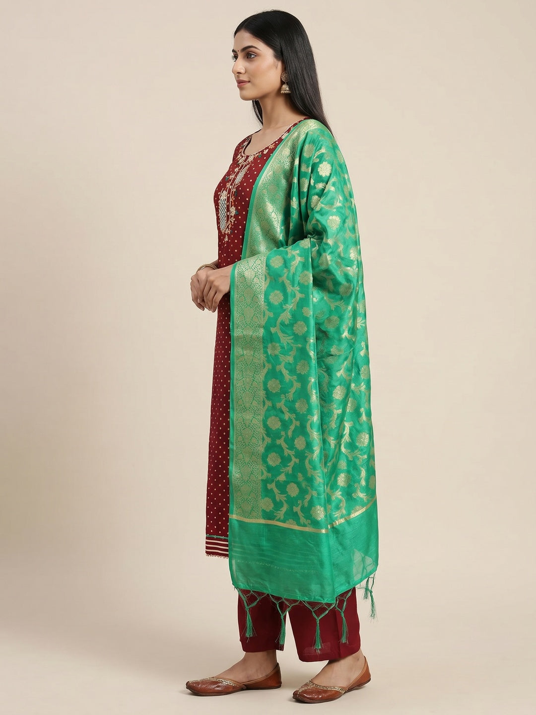Maroon Woven With Hand Embroidery Chanderi Dress Material - Image 3