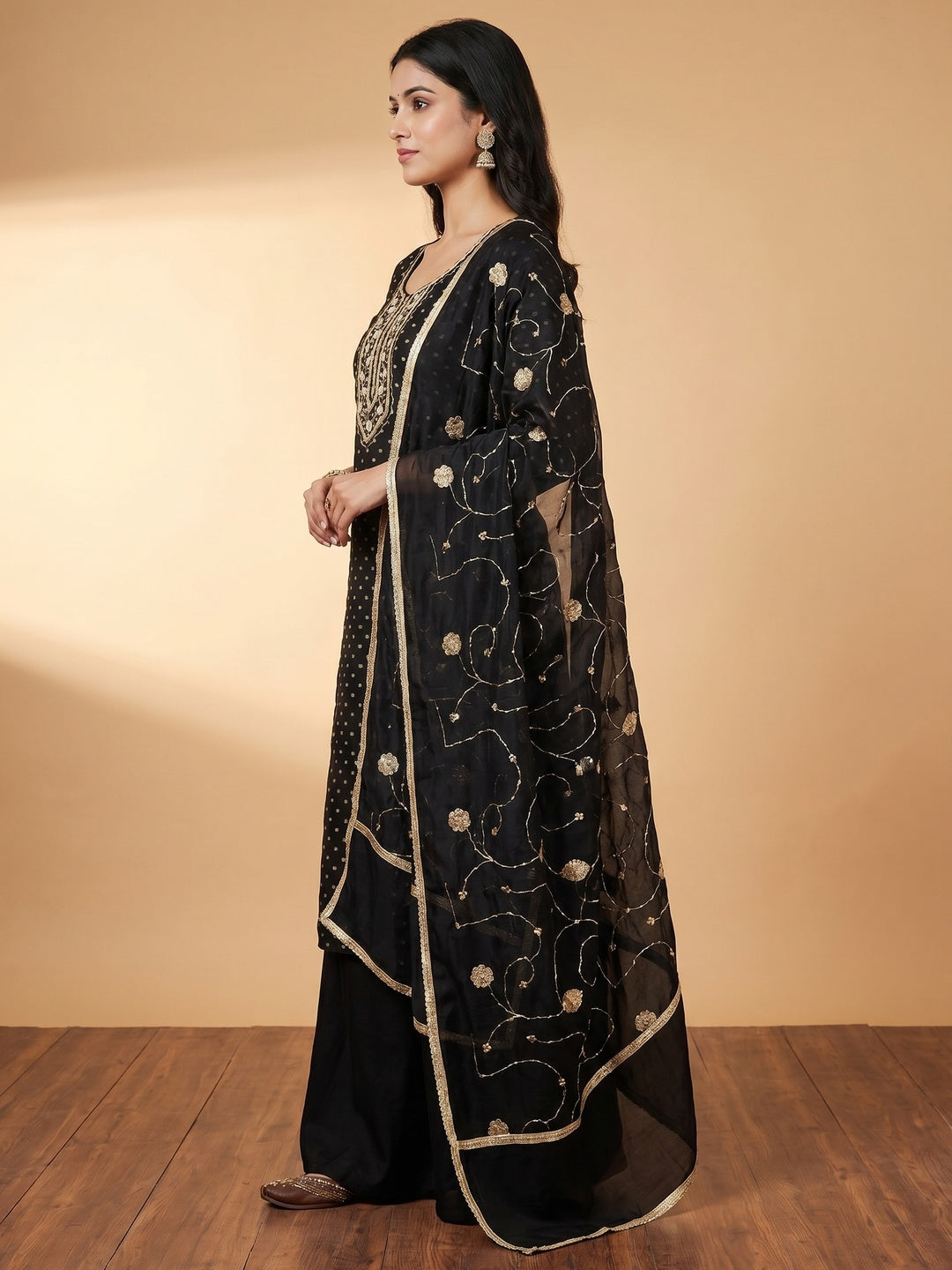 Black Woven With Hand Embroidery Chanderi Dress Material - Image 2