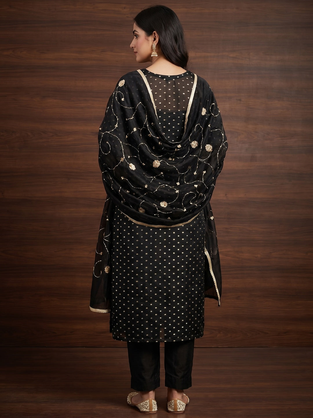 Black Woven With Hand Embroidery Chanderi Dress Material - Image 3