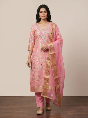 Pink Floral Woven With Hand Embroidery Muslin Dress Material - Image 1