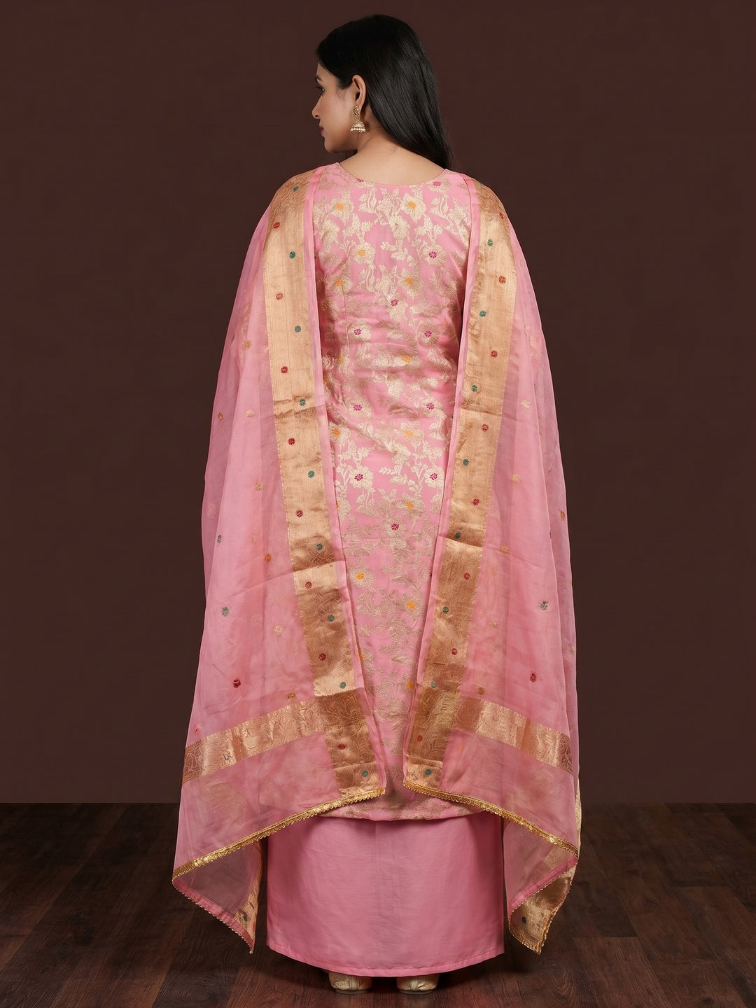 Pink Floral Woven With Hand Embroidery Muslin Dress Material - Image 2