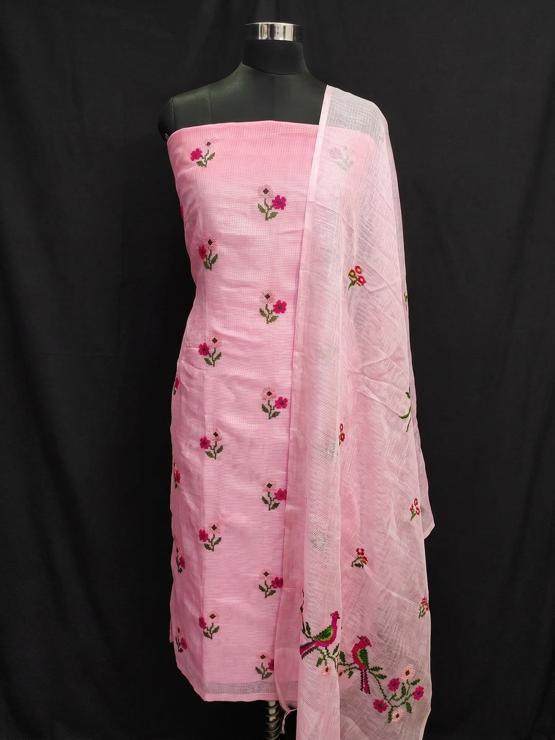 Pink Floral Embroidered Kota Doria Dress Material - Image 1