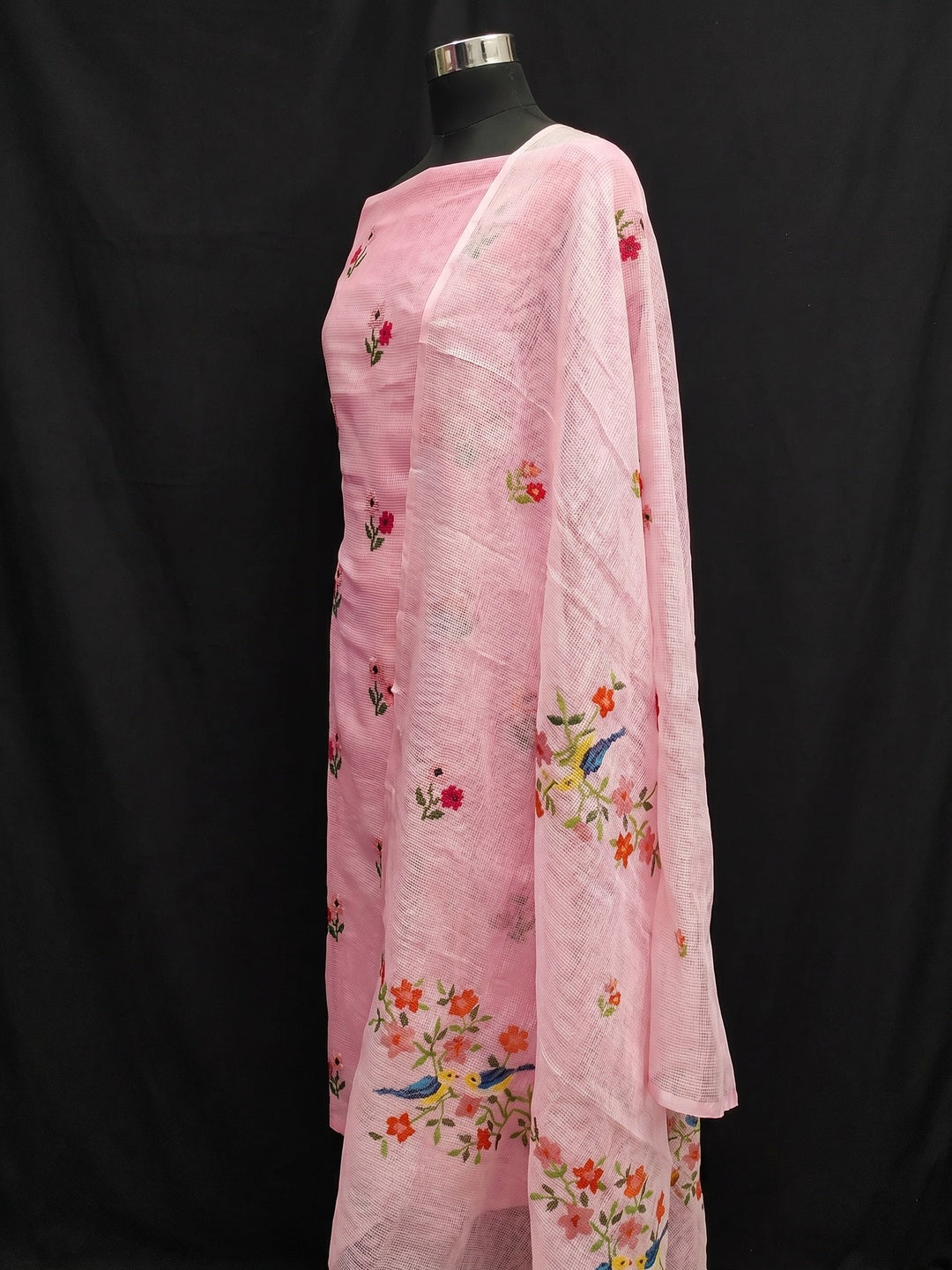 Pink Floral Embroidered Kota Doria Dress Material - Image 2