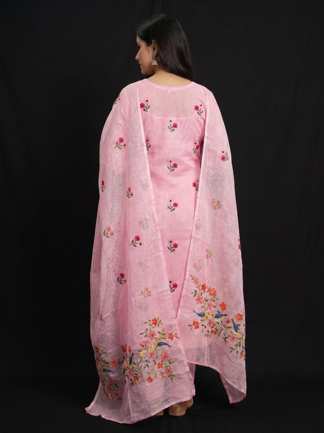 Pink Floral Embroidered Kota Doria Dress Material - Image 3