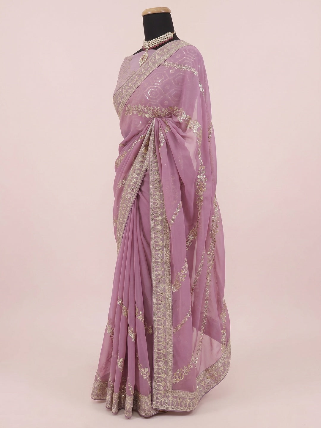 Onion Pink Sequins Embroidered Georgette Saree - Image 4