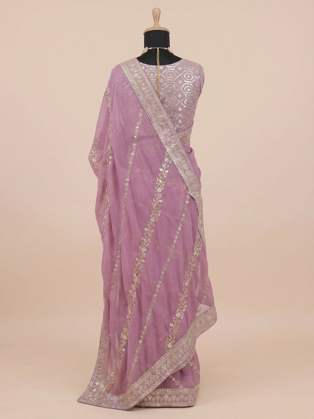 Onion Pink Sequins Embroidered Georgette Saree - Image 3