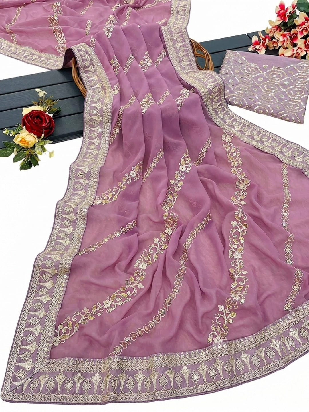 Onion Pink Sequins Embroidered Georgette Saree - Image 2