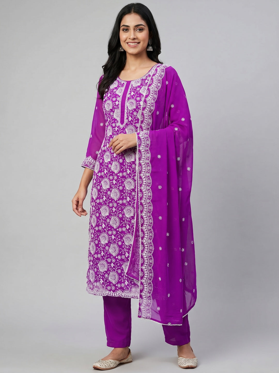 Purple Floral Embroidered Georgette Dress Material - Image 1