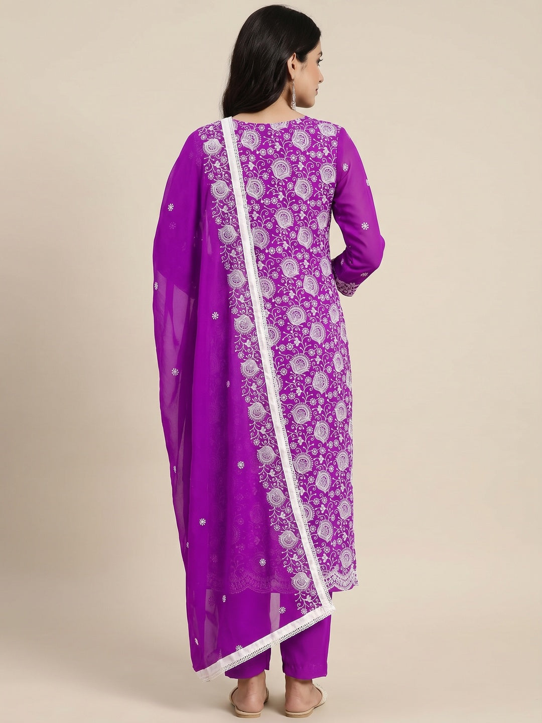 Purple Floral Embroidered Georgette Dress Material - Image 2