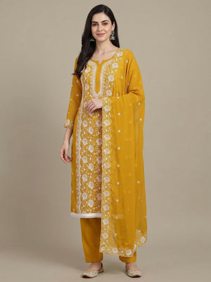 Mustard Floral Embroidered Georgette Dress Material - Image 1