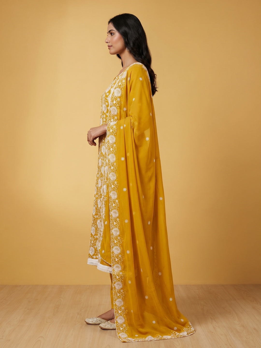 Mustard Floral Embroidered Georgette Dress Material - Image 3