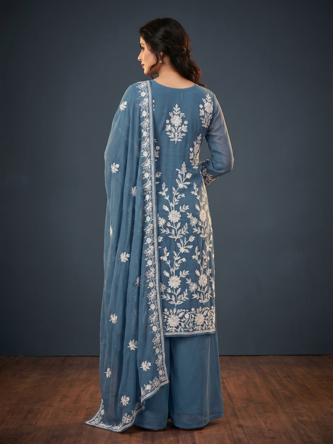 Blue Floral Embroidered Georgette Dress Material - Image 3