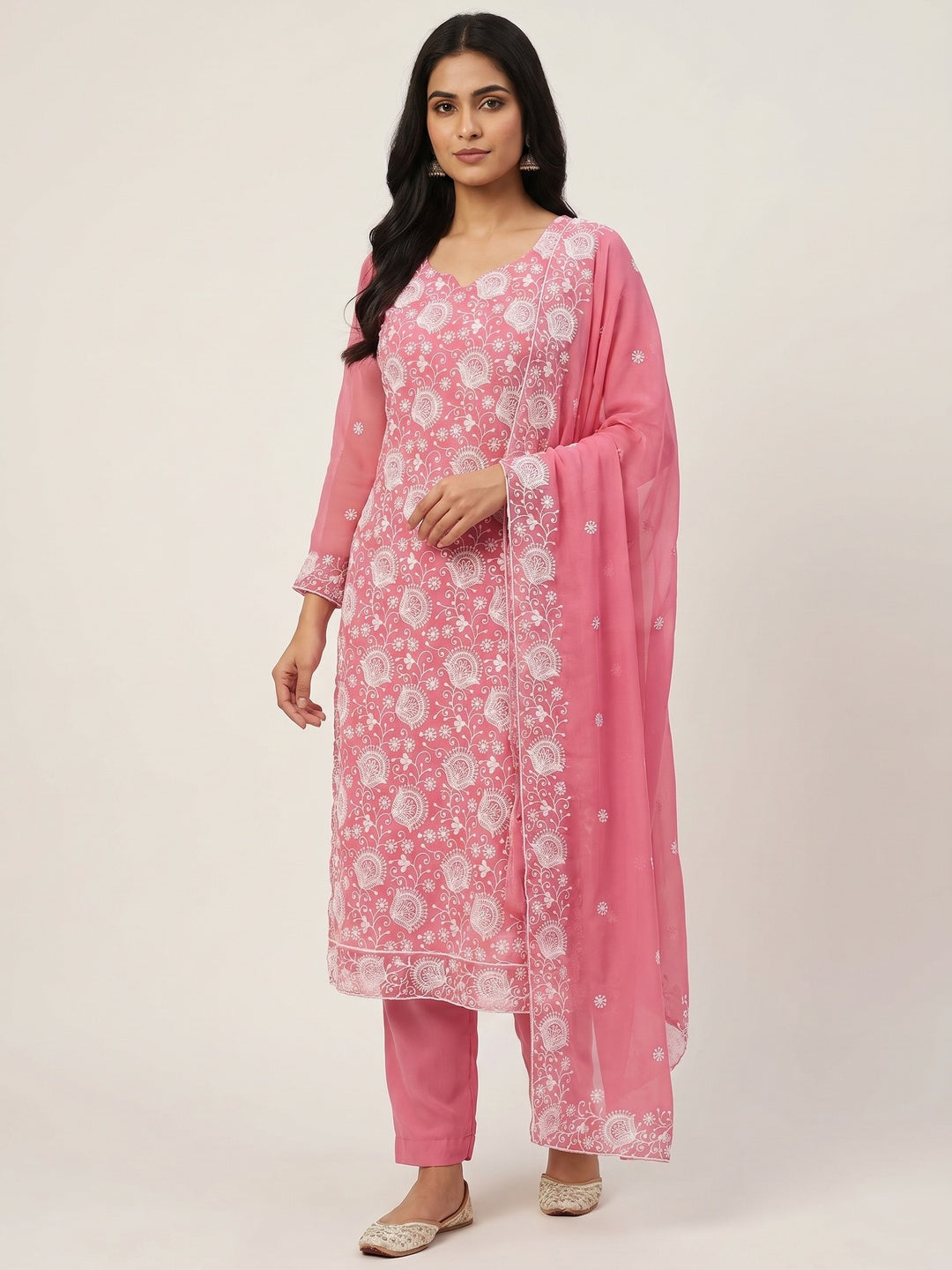 Pink Floral Embroidered Georgette Dress Material - Image 1