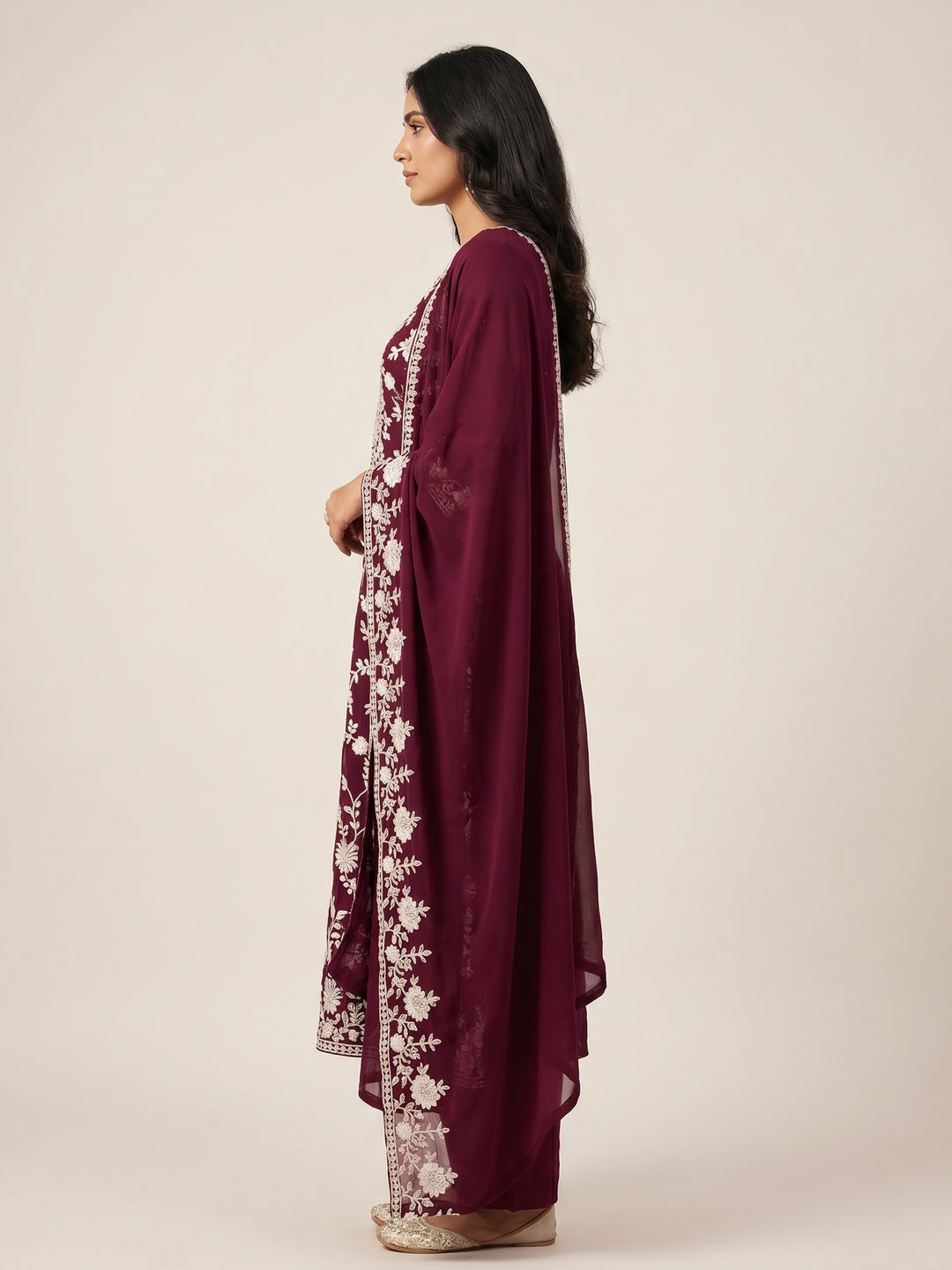 Wine Floral Embroidered Georgette Dress Material - Image 3