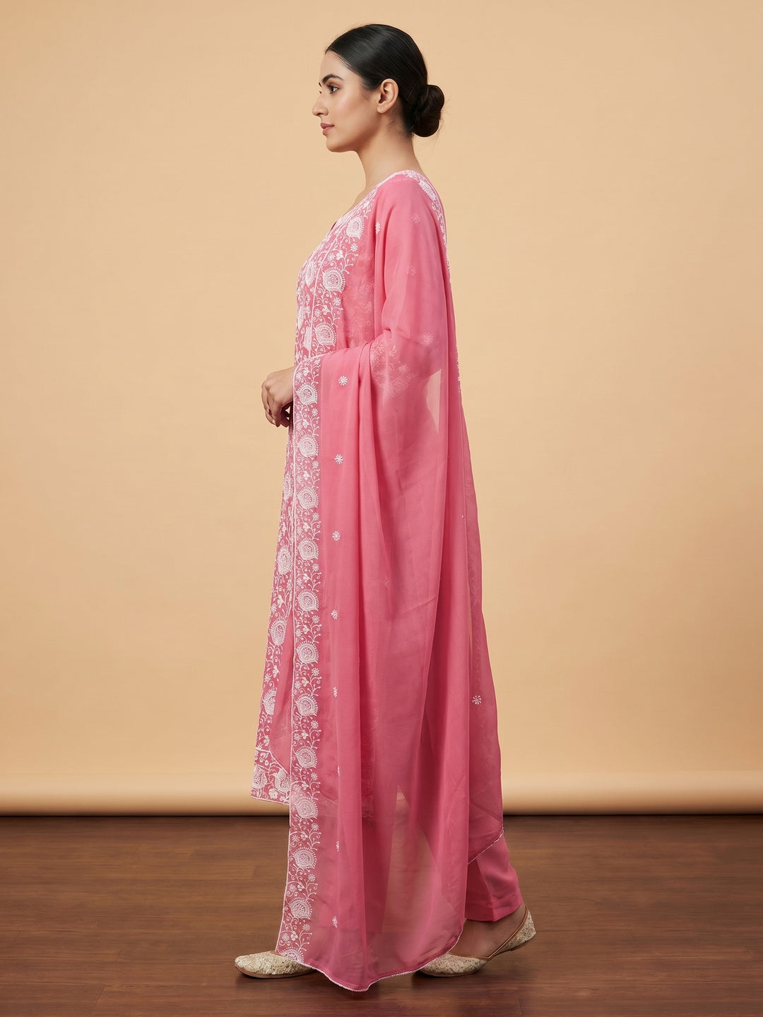 Pink Floral Embroidered Georgette Dress Material - Image 2