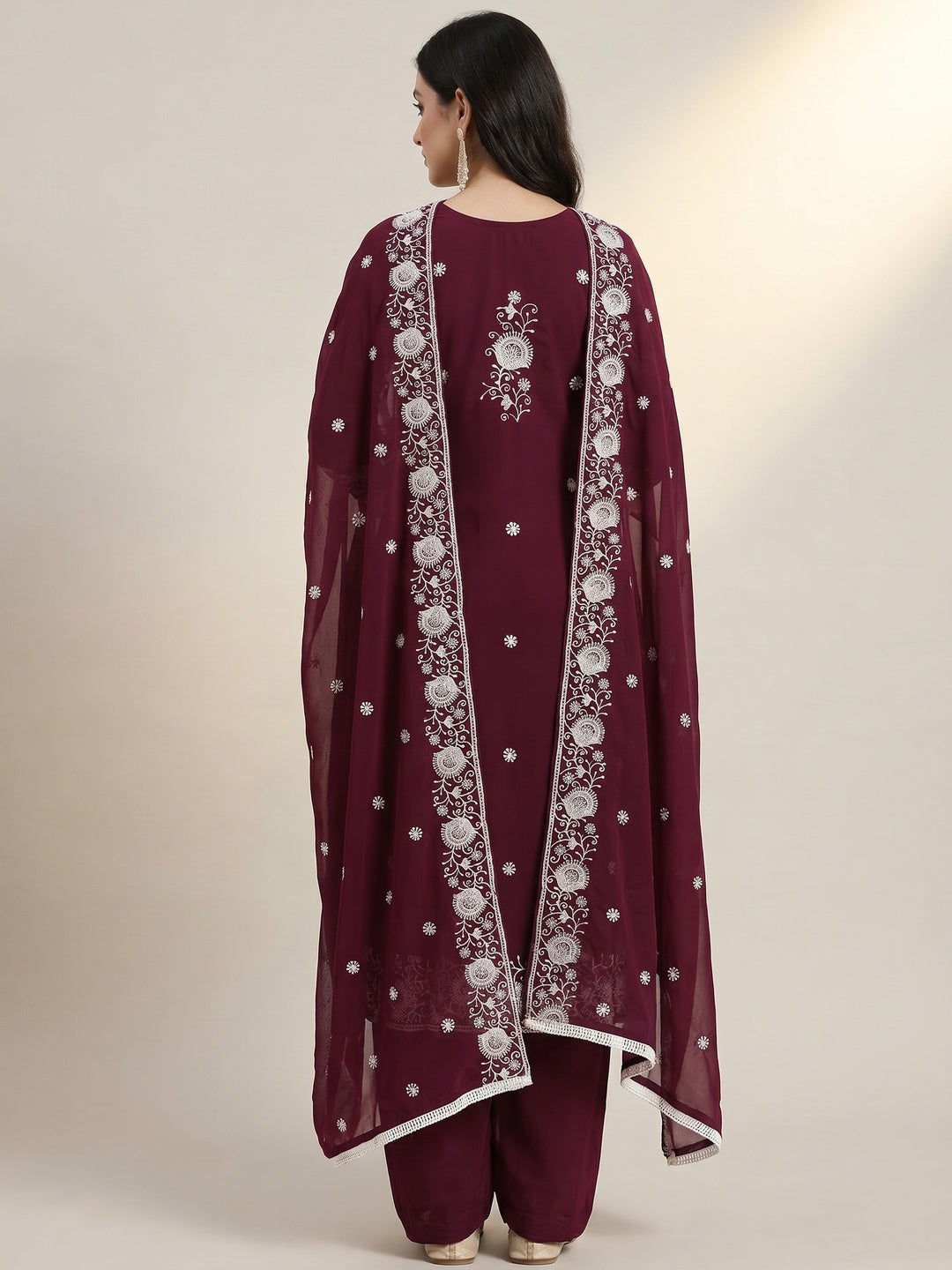 Wine Floral Embroidered Georgette Dress Material - Image 2