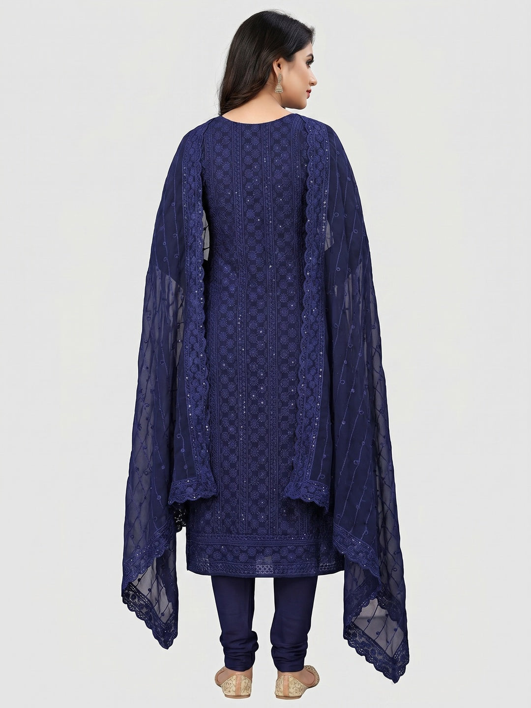 Navy Blue Floral Sequins Embroidered Georgette Dress Material - Image 3