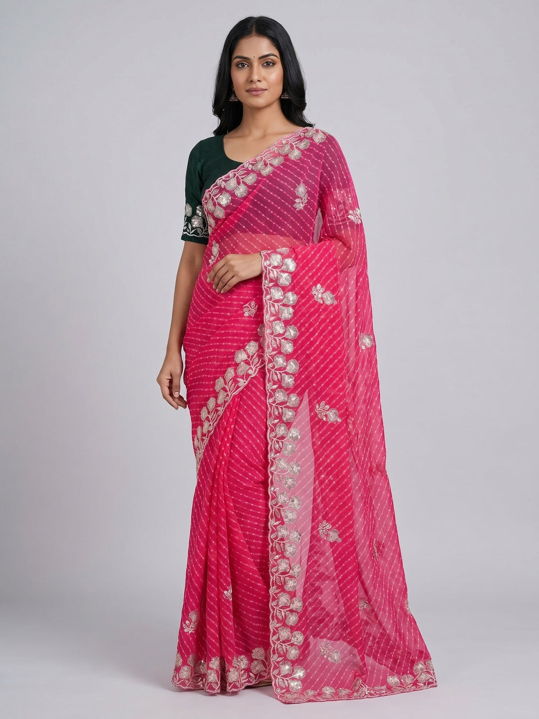 Pink Sequins Work Leheriya Printed Georgette Saree - Image 1