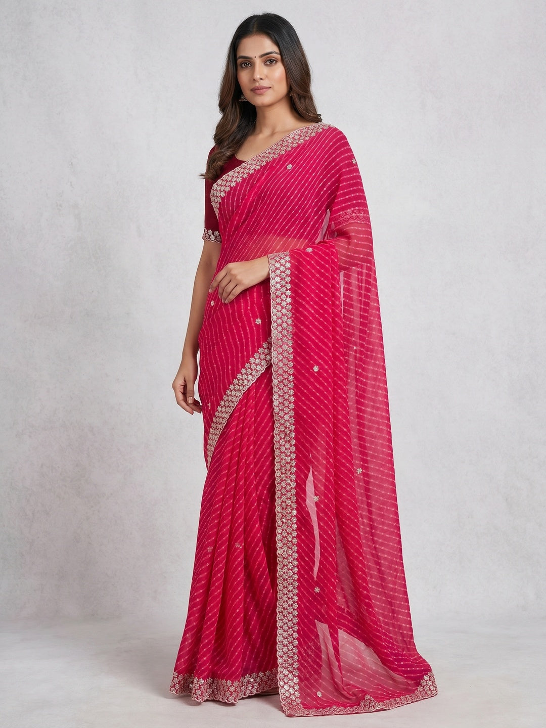 Pink Sequins Work Leheriya Printed Georgette Saree - Image 1