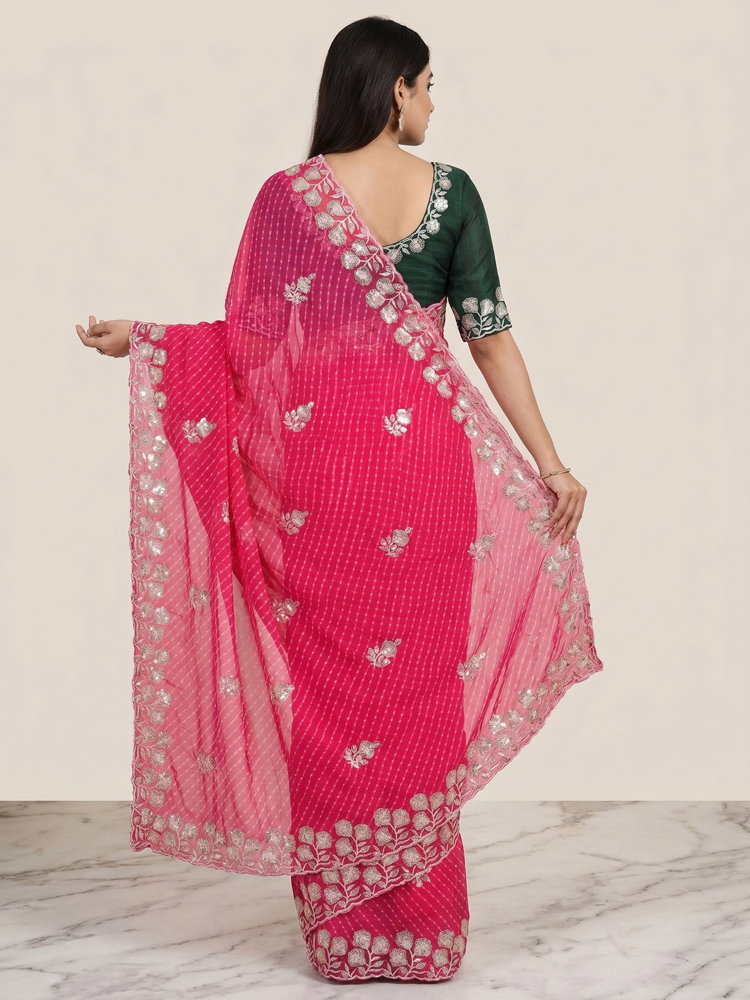 Pink Sequins Work Leheriya Printed Georgette Saree - Image 2