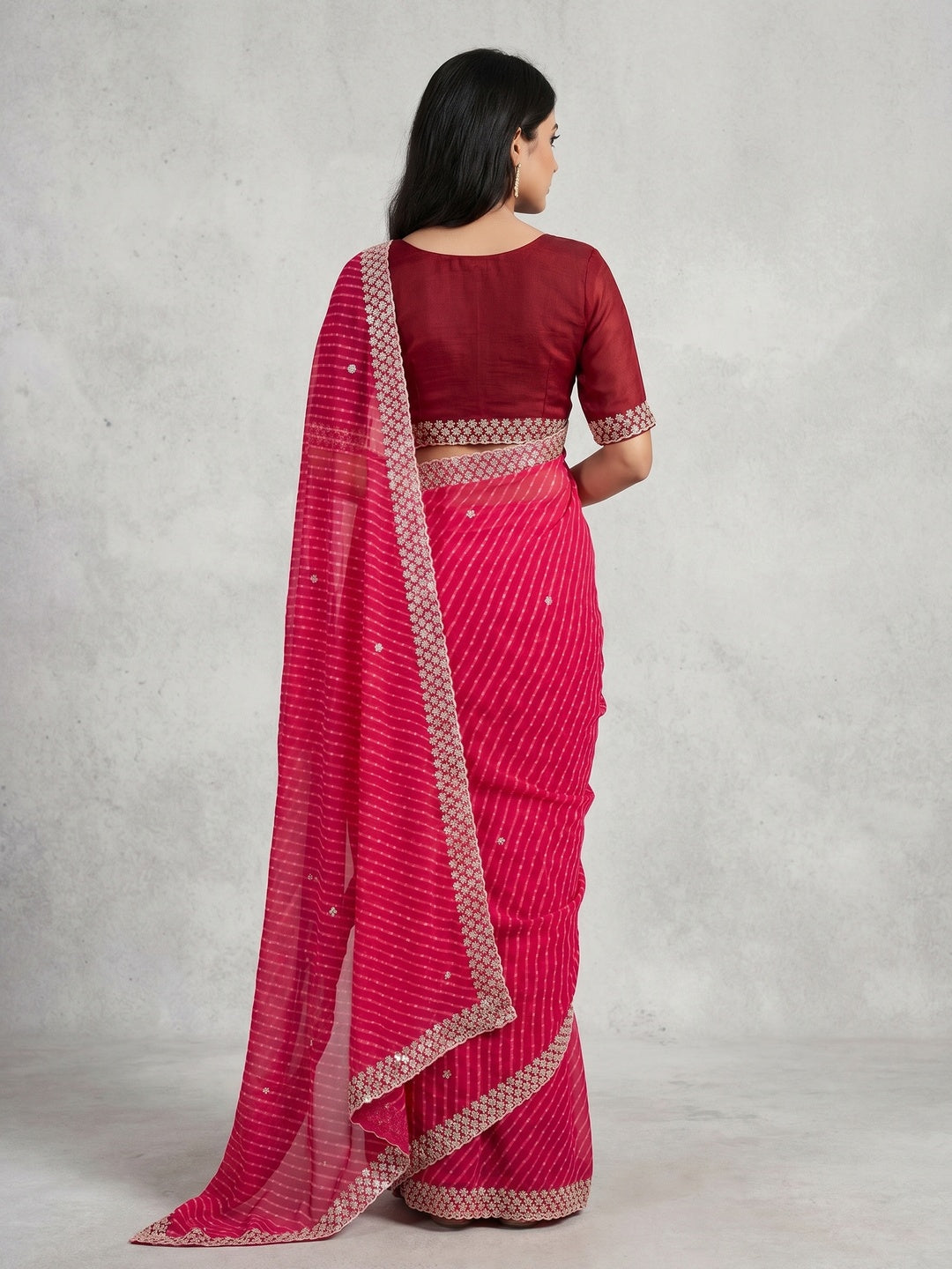 Pink Sequins Work Leheriya Printed Georgette Saree - Image 2