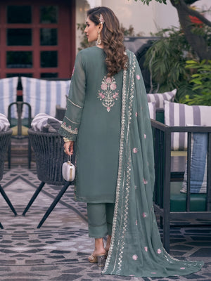 Bluish Grey Embroidered Georgette Semi-Stitched Pakistani Dress Material - Image 1